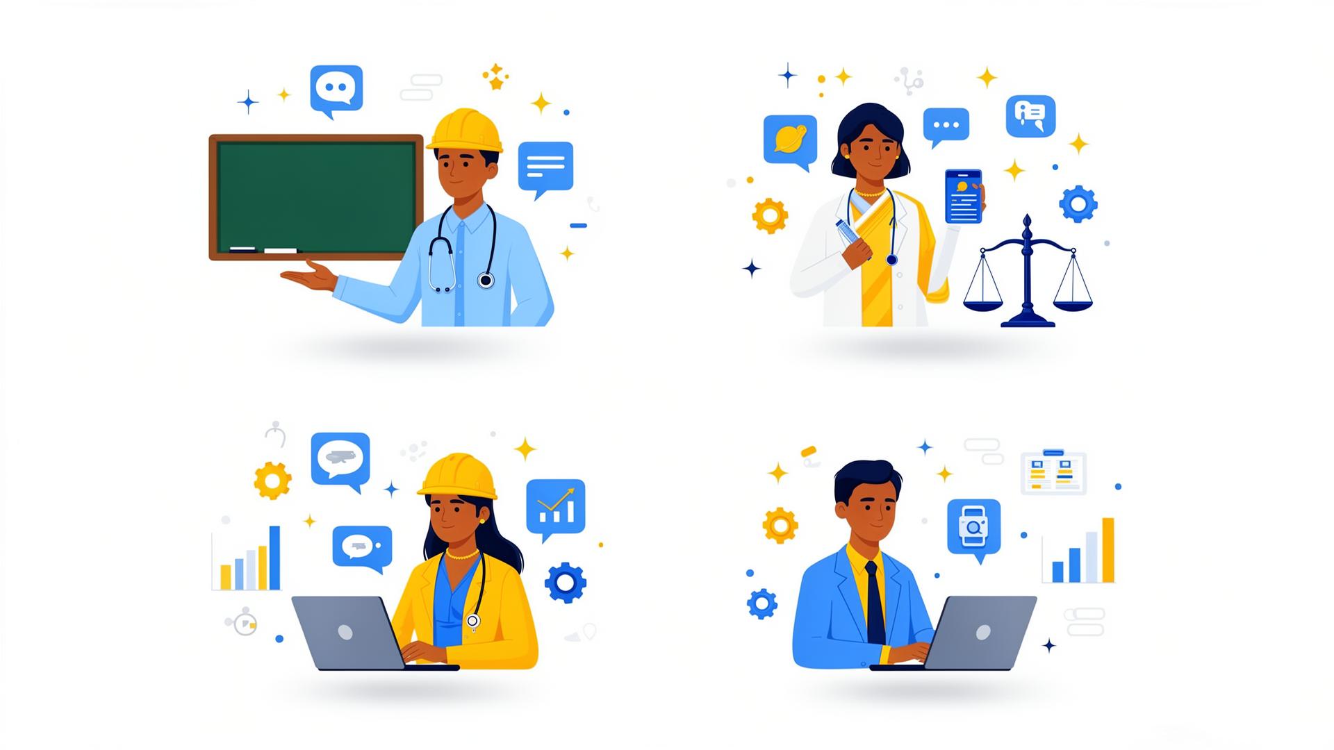 Indian professionals — teacher, doctor, lawyer, engineer — learning AI